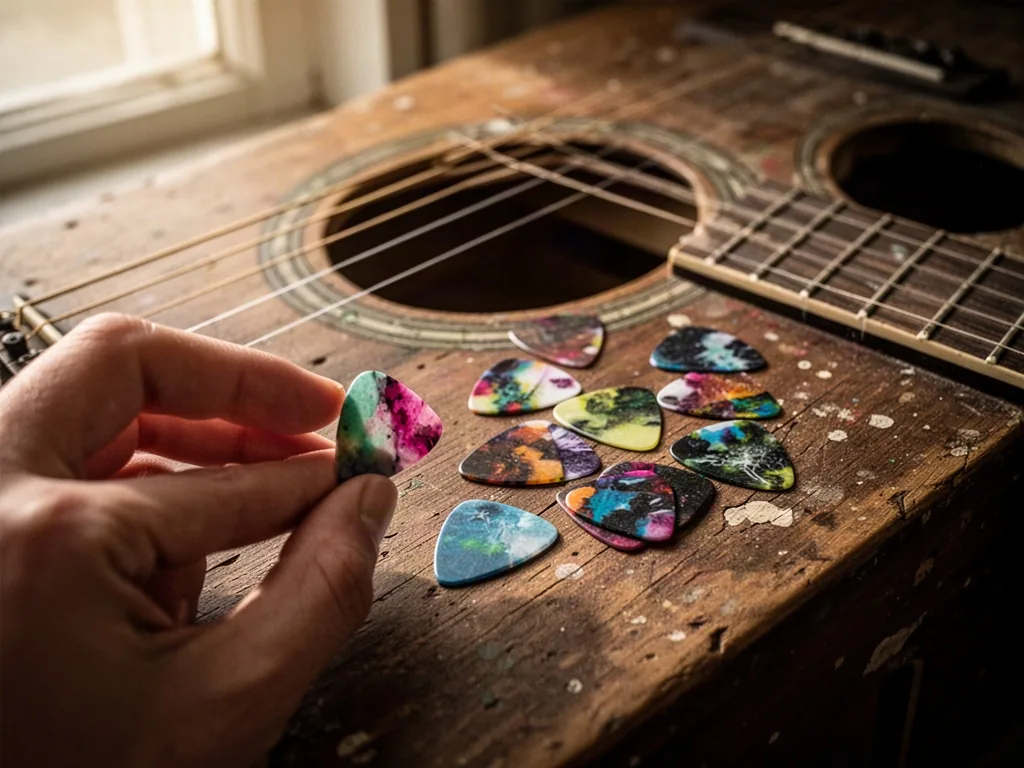 Colorful guitar picks scattered beside an acoustic guitar soundhole on a worn wooden table, one pick pinched between fin