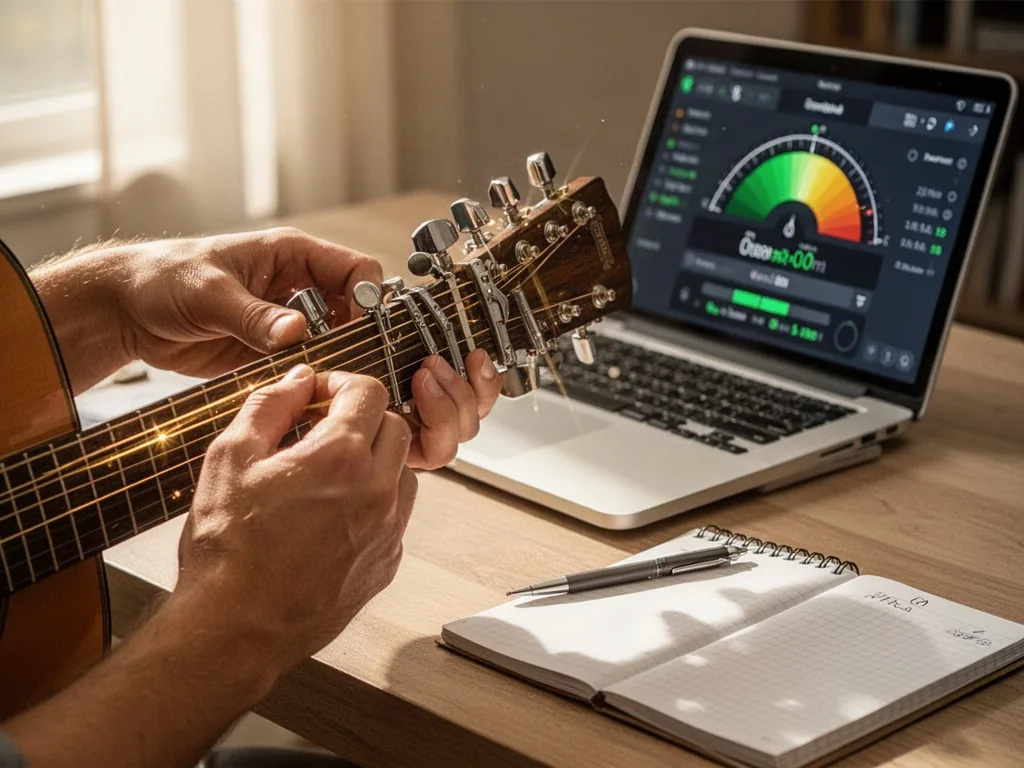 A close view of hands turning guitar tuning pegs beside an open laptop tuner, strings catching light, notebook on the ta
