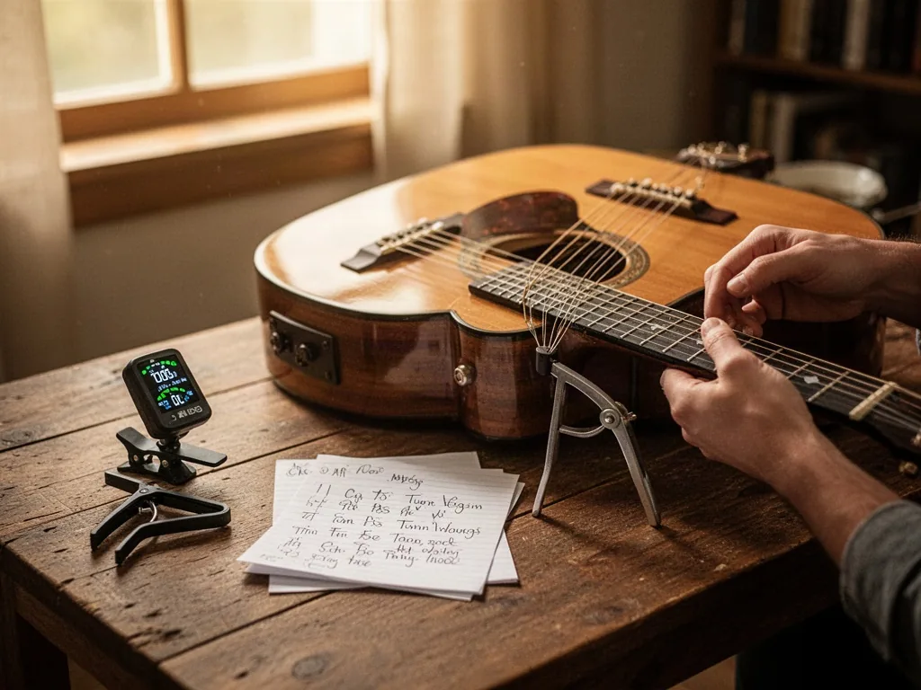 An acoustic guitar on a wooden table with a clip-on tuner, capo, and handwritten tuning notes, strings being adjusted by