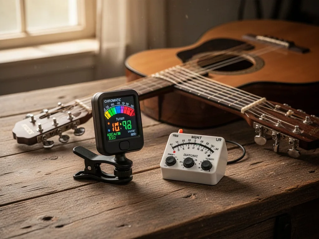 A clip-on chromatic tuner and a simple diatonic tuner beside an acoustic guitar on a wooden table, strings and tuning pe