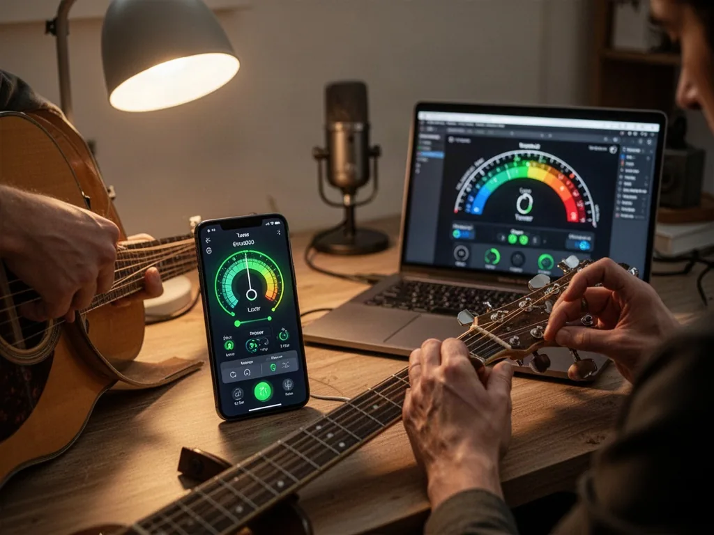 A smartphone tuner app listening beside an acoustic guitar, screen glowing with pitch indicator, laptop open to an onlin