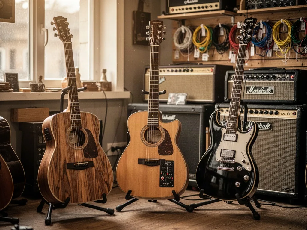 Three guitars on stands in a specialist music shop, acoustic wood grain, electro-acoustic with control panel, glossy ele