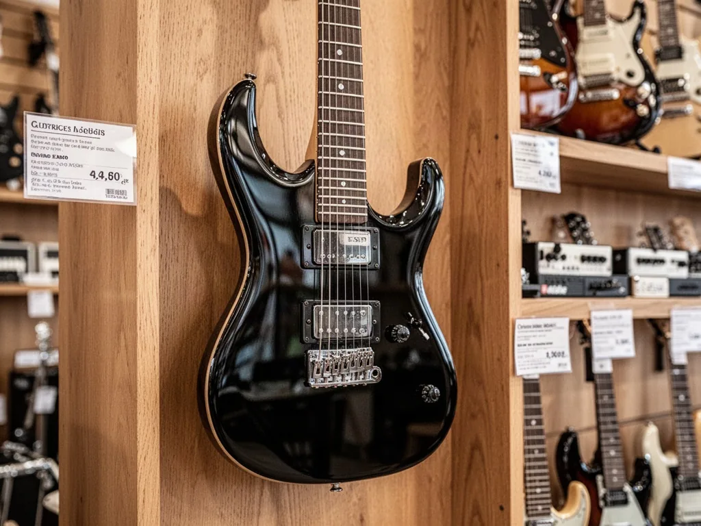 An ESP electric guitar displayed on a wall in a French music shop, polished black finish, price tags on nearby instrumen