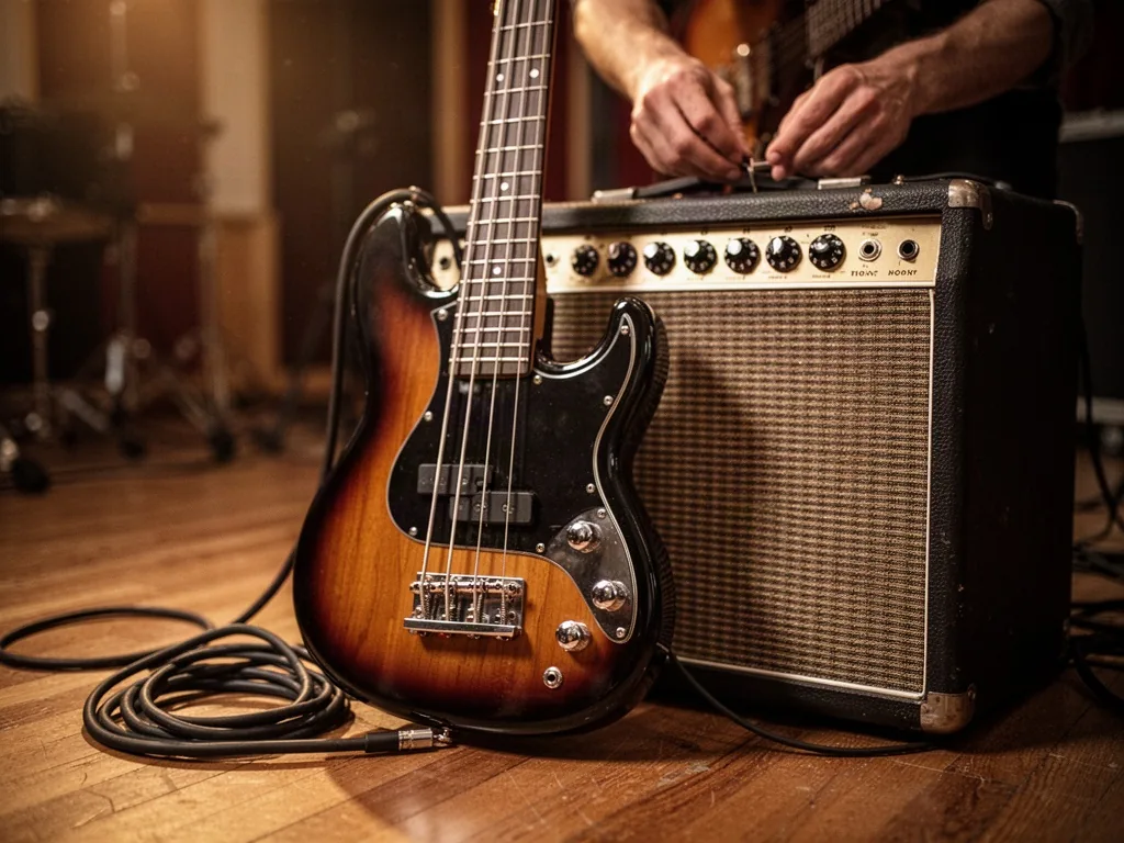A sunburst bass guitar leaning beside a vintage amplifier, coiled cable on a wooden floor, control knobs gleaming, blurr